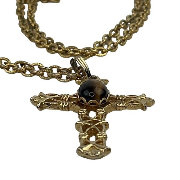 Tiger Eye Cabochon Cross Crucifix Pendant 28" Gold Tone Chain Necklace Religious - Picture 7 of 10